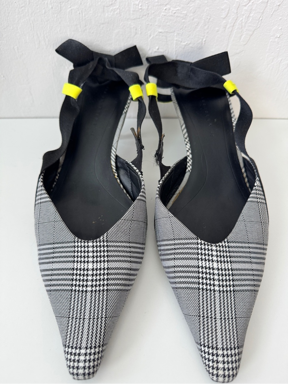 Zara Black and White Plaid Pointed Tie-Ankle Flats